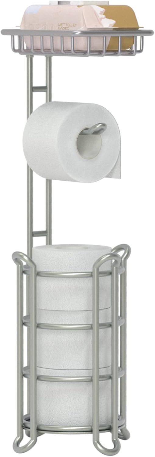 Silver Freestanding Toilet Paper Holder with Extra Storage Shelf