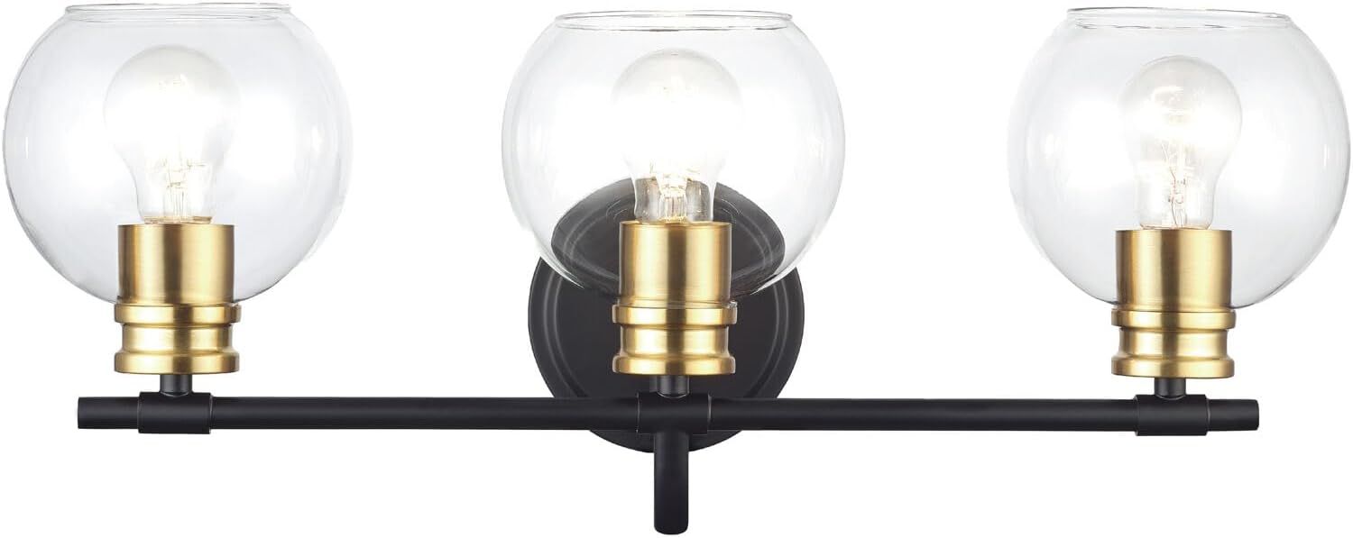 Black and Brushed Brass 3-Light Vanity Bar with Clear Glass Shades