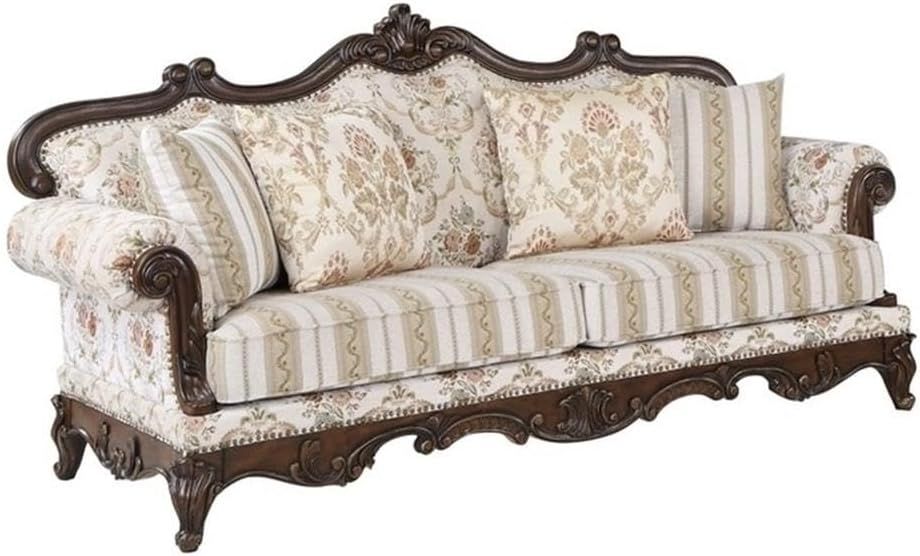 Nayla Walnut Floral Fabric Rolled Arm Sofa with Pillows