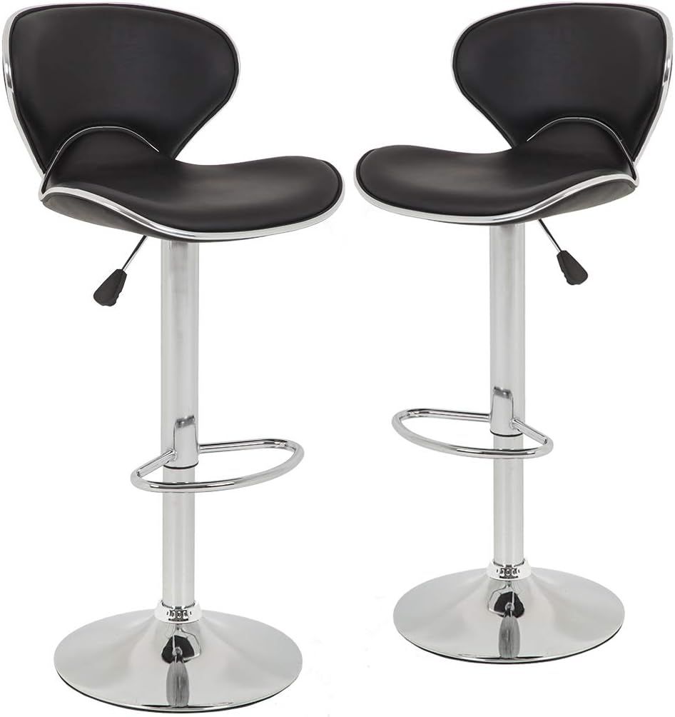 Adjustable Black Leather Swivel Bar Stools with Chrome Base