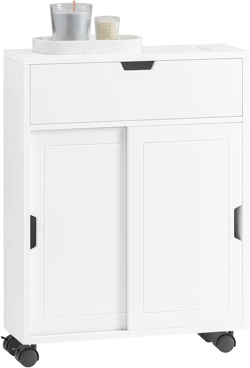 White MDF Bathroom Cabinet with Adjustable Shelving and Wheels