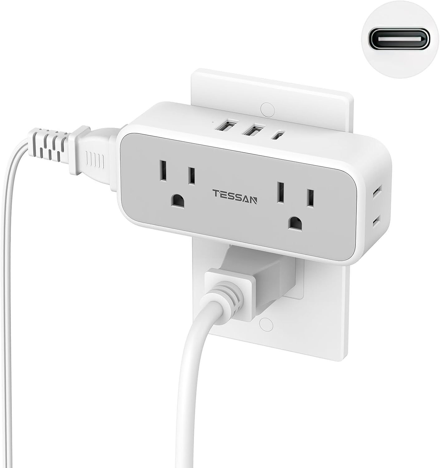 Compact White Multi Plug Wall Outlet Extender with USB Ports