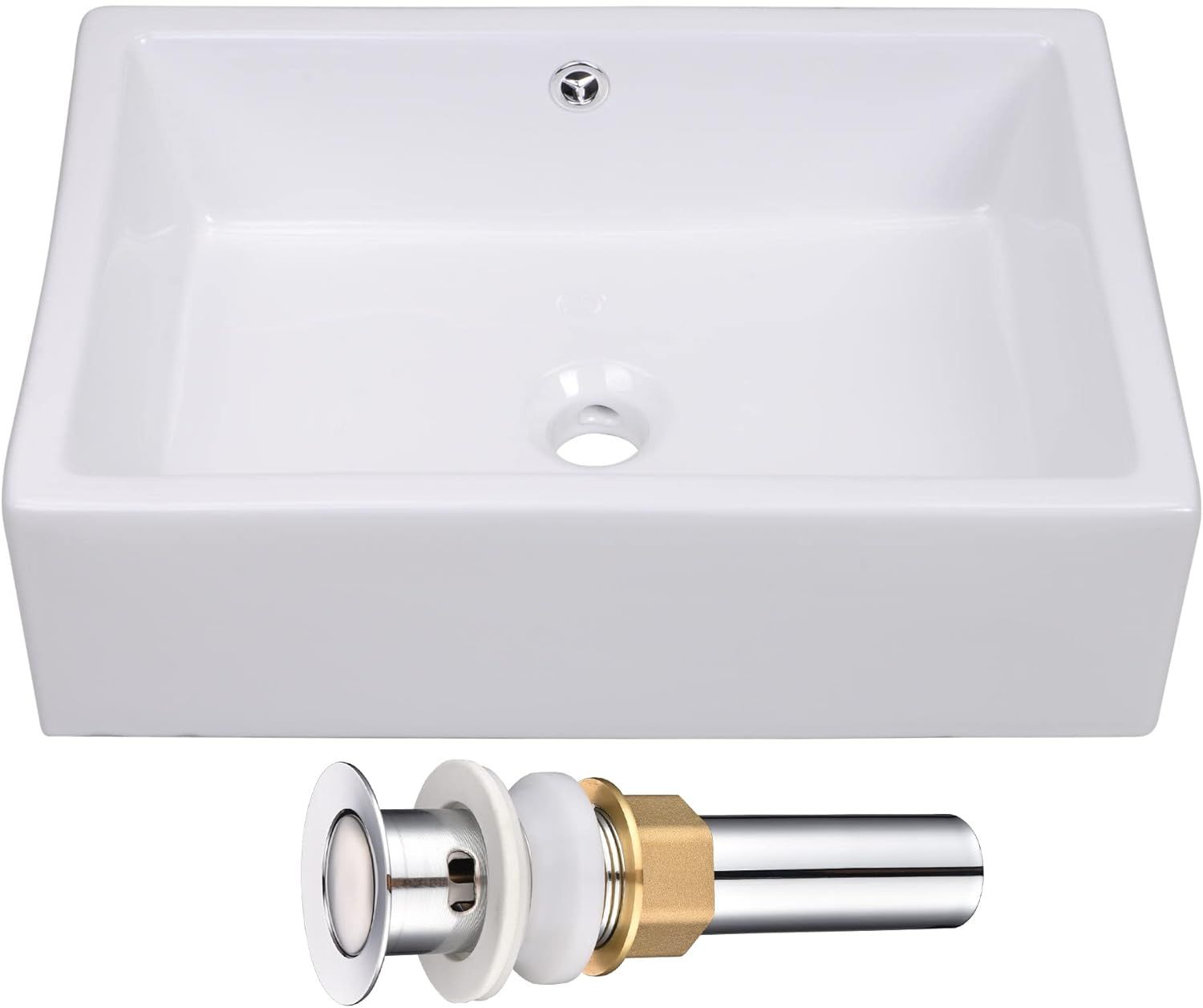 Rectangular White Ceramic Above-Counter Vessel Sink with Chrome Drain