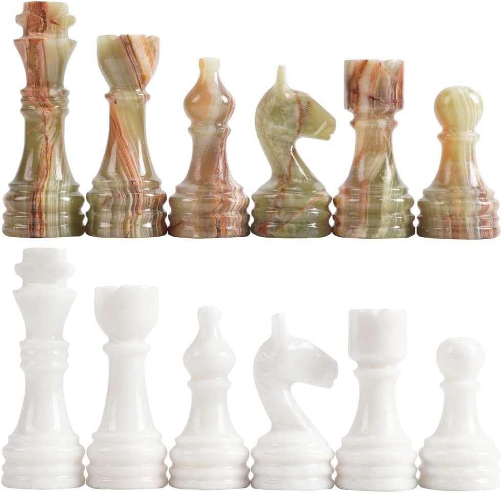 Handmade White and Green Marble Chess Figures Set