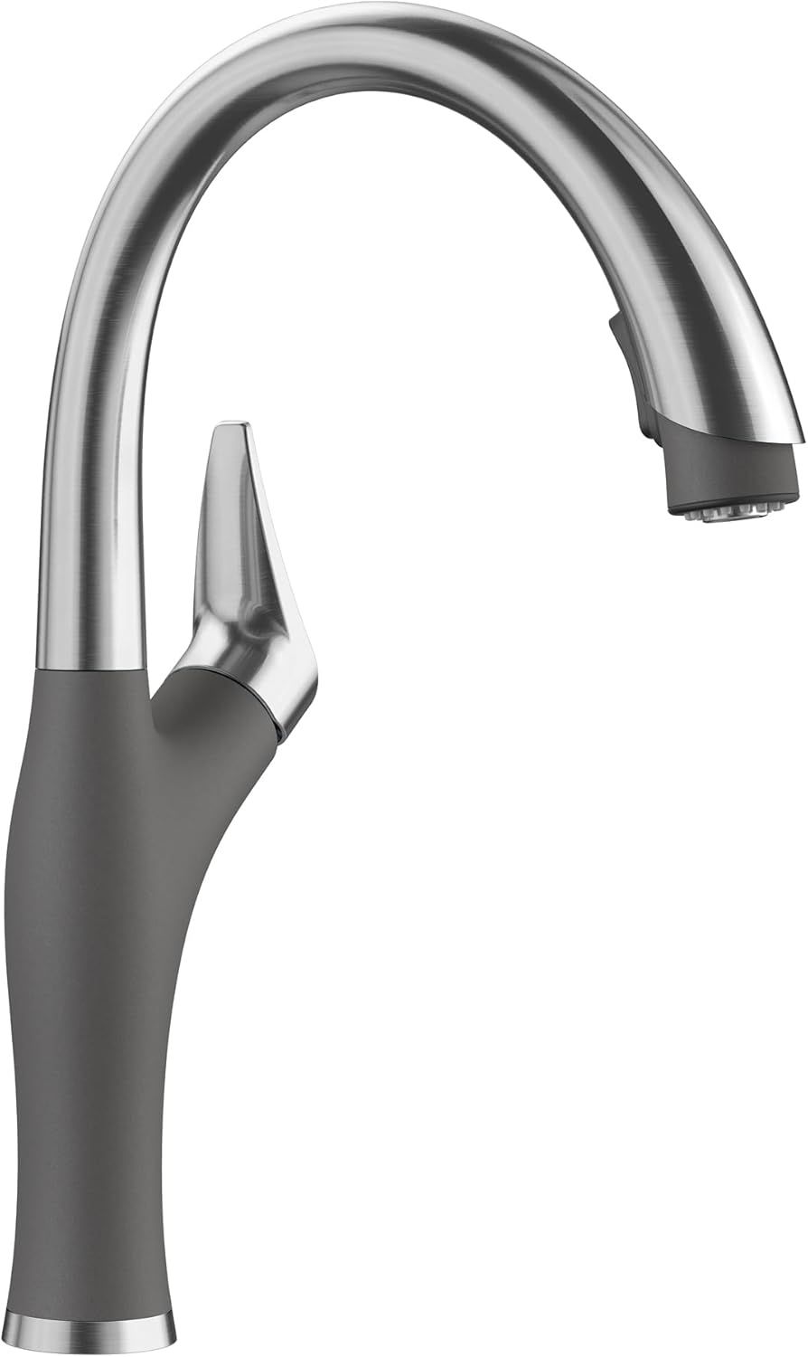 Stainless Steel and Gray Pull-Down Spray Kitchen Faucet