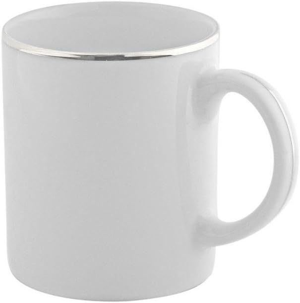 Silver Rimmed White Ceramic C-Handle Mug Set of 6