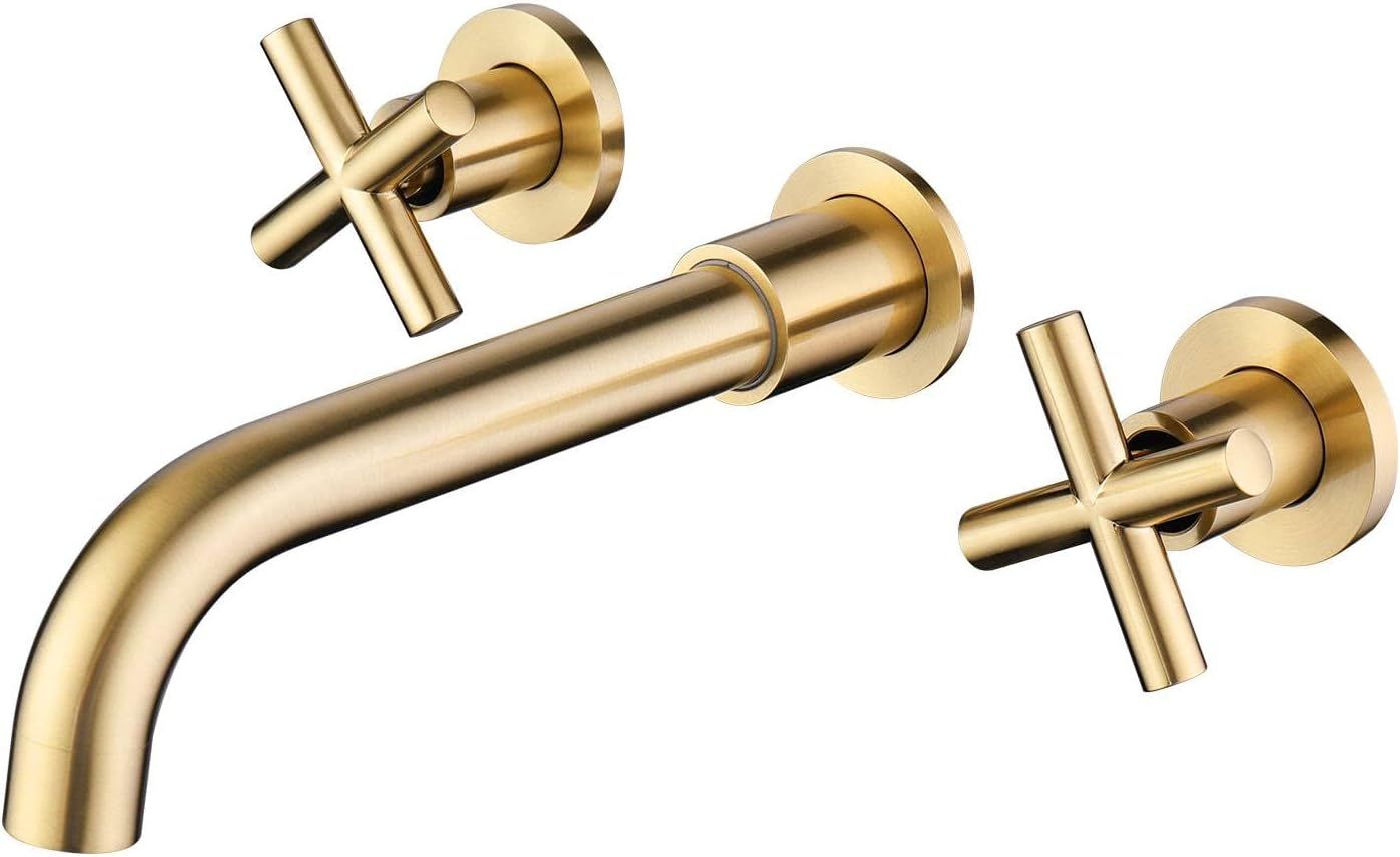 Brushed Gold Wall Mount Bathroom Faucet with Cross Handles