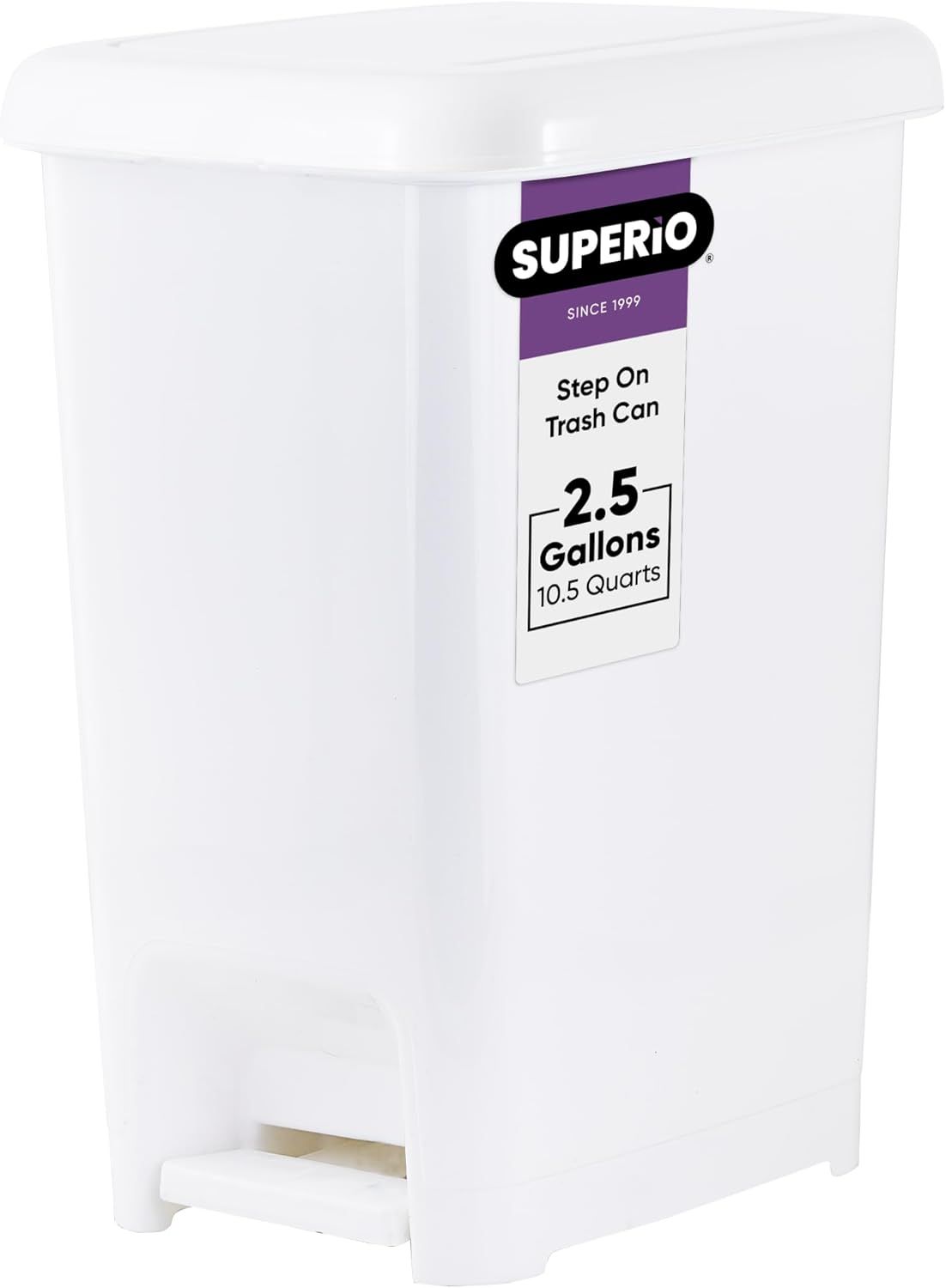 White Plastic Rectangular Pedal Trash Can, 2.5 Gallon