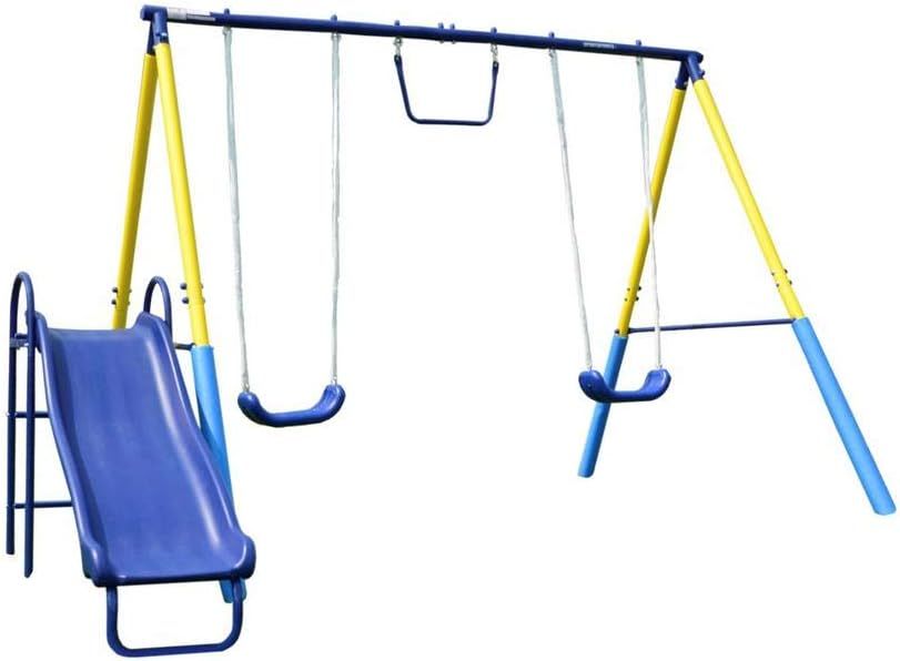 Blue and Yellow Metal Swing Set with Slide and Trapeze