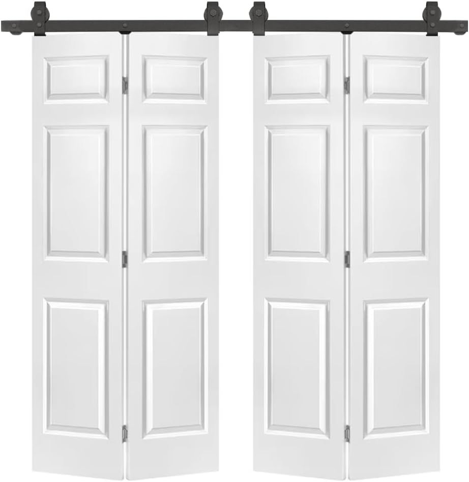 48 in. x 80 in. White Primed MDF Double Bi-Fold Barn Door with Black Hardware