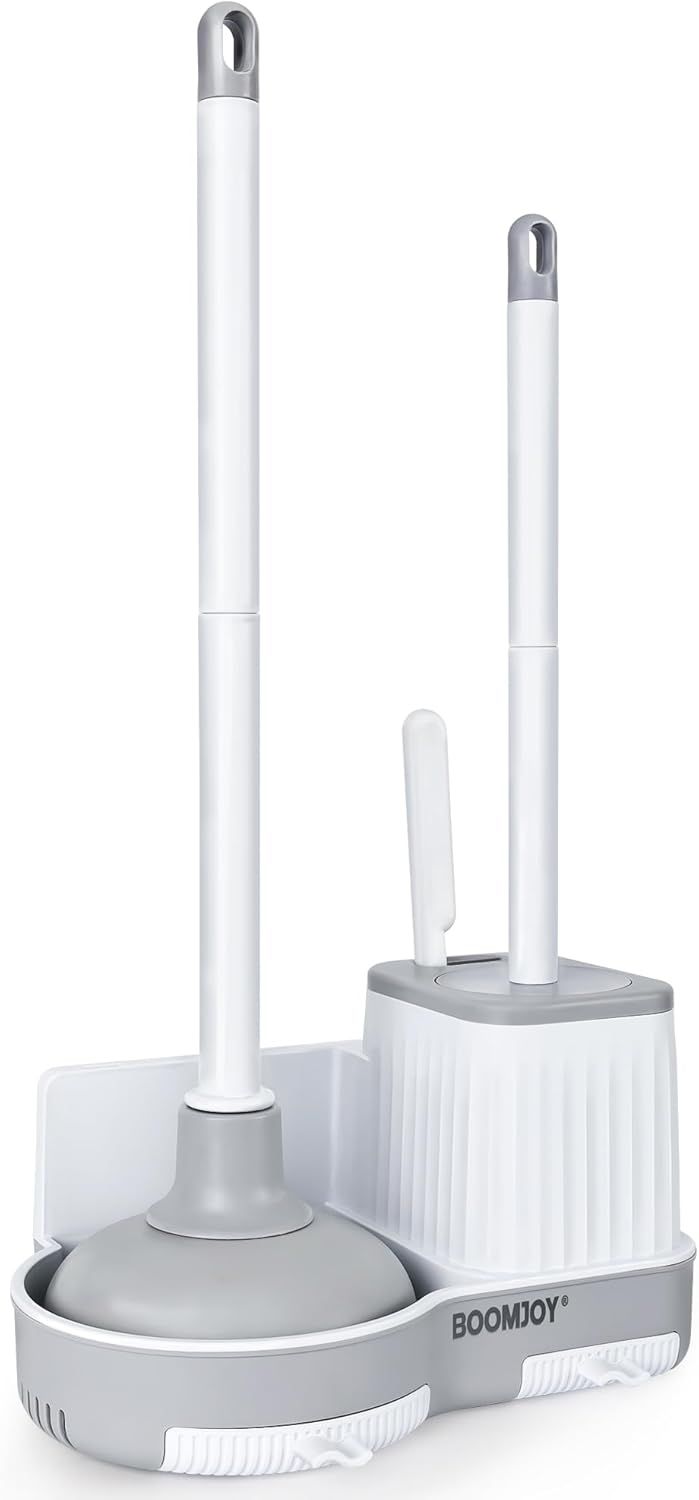 White and Gray Plastic Toilet Brush and Plunger Set with Holder