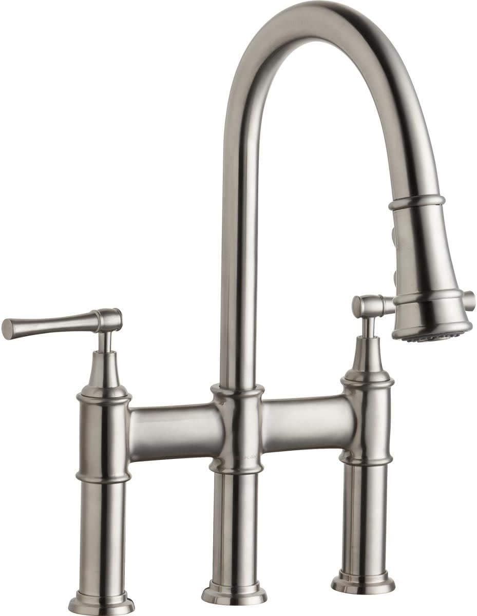 Lustrous Steel Bridge Kitchen Faucet with Pull-down Spray