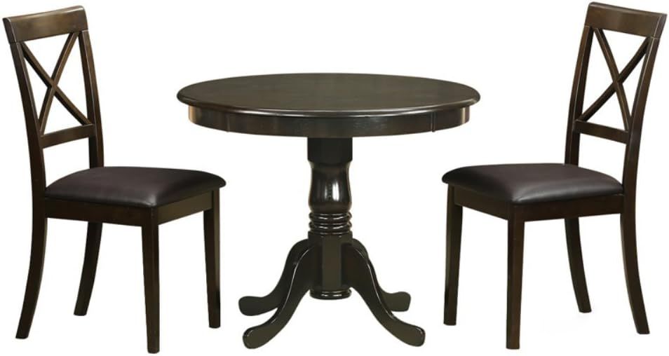 Cappuccino Round Pedestal Dining Table with 2 Faux Leather Chairs