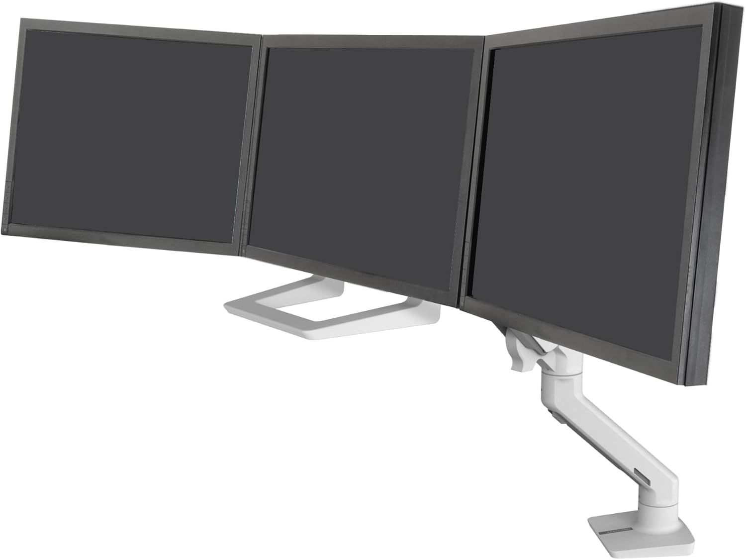 White Triple Monitor Arm Mount with Integrated Cable Management