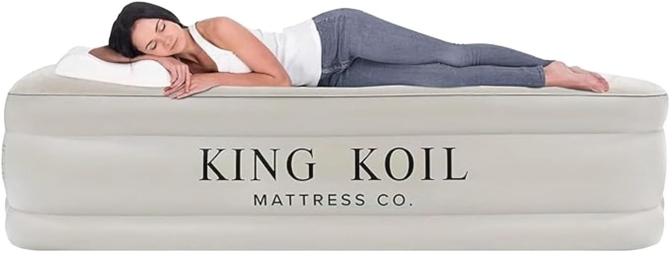 King Koil Twin Size Beige Luxury Air Mattress with Built-in Pump