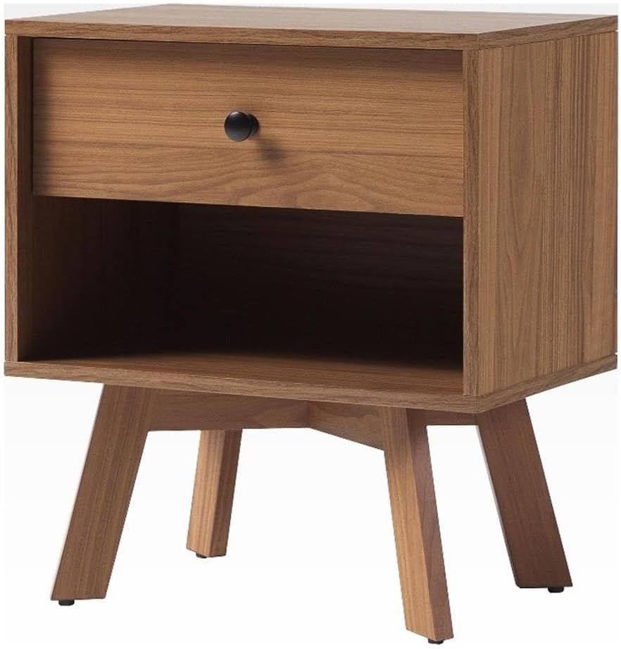 Mocha Mid-Century Modern 1-Drawer Nightstand with Open Shelf