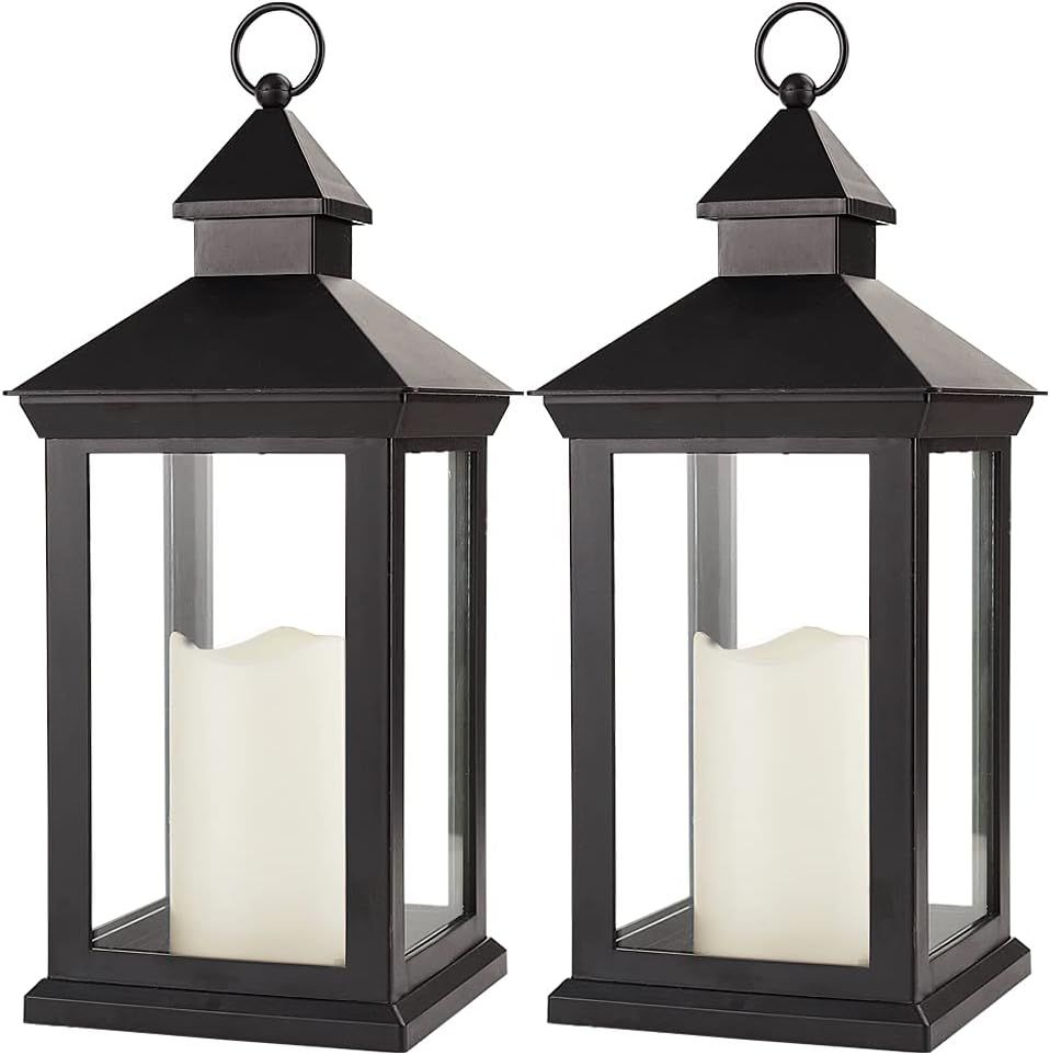 14" Black Vintage Candle Lanterns with LED Pillar Candles