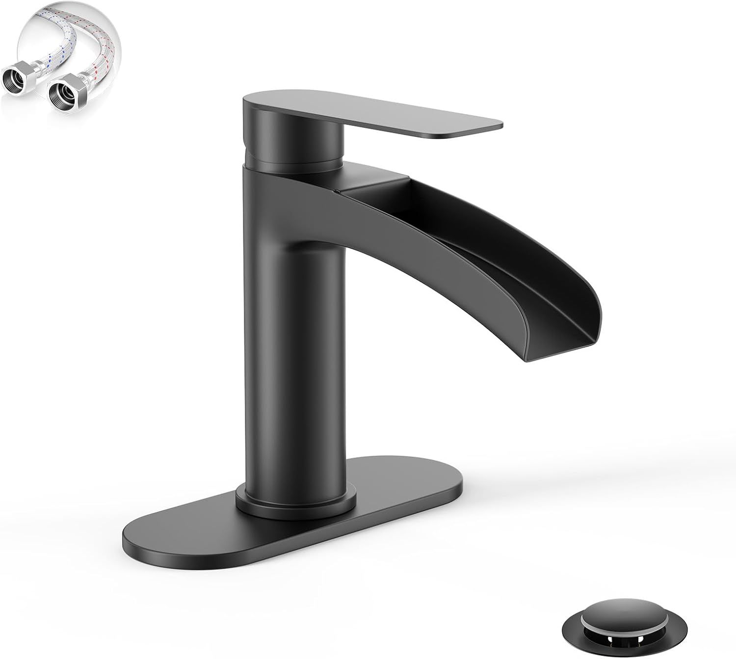 Matte Black Single Hole Waterfall Bathroom Faucet with Metal Drain Assembly