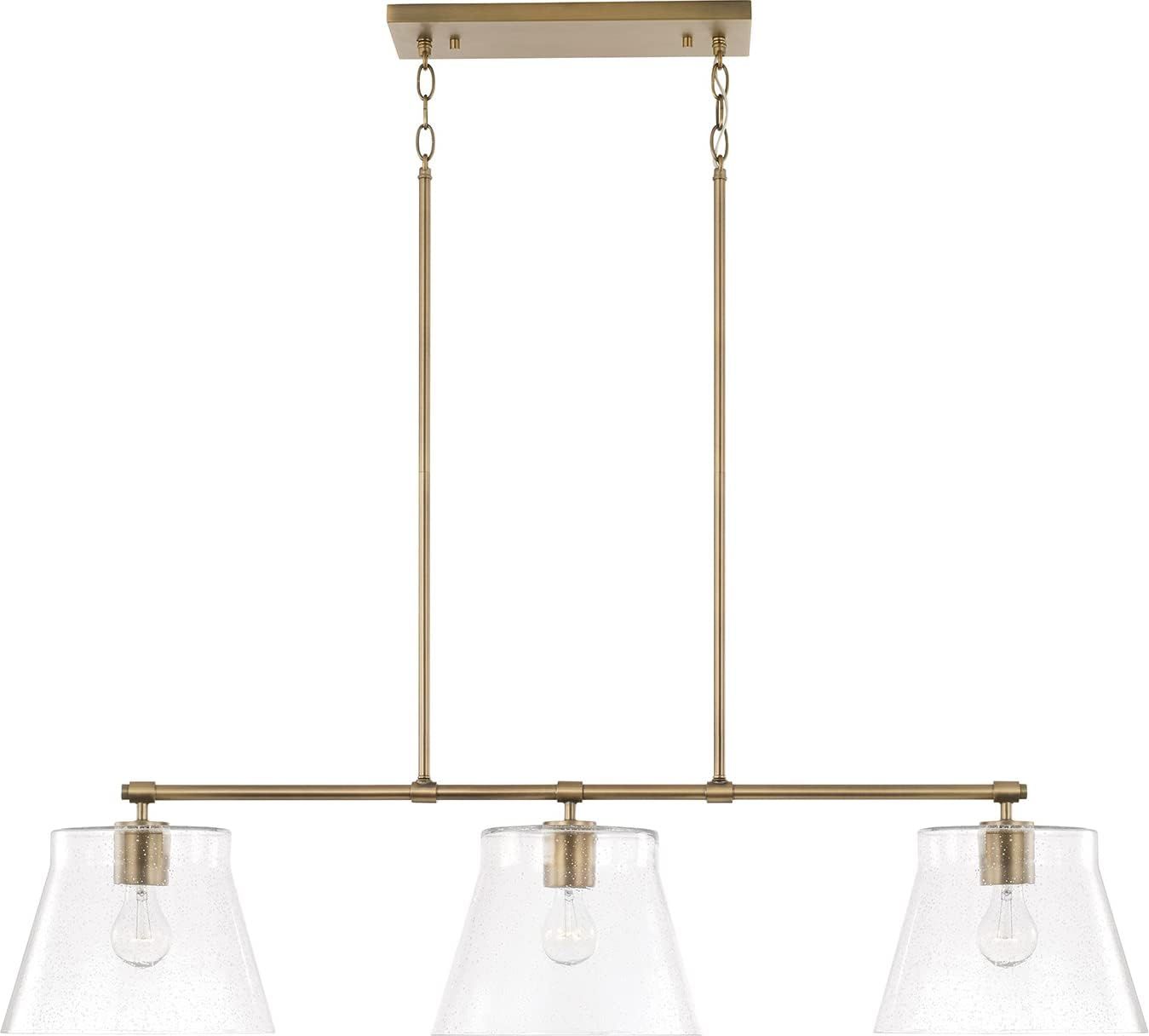 Aged Brass 3-Light Island Pendant with Seeded Glass Shades