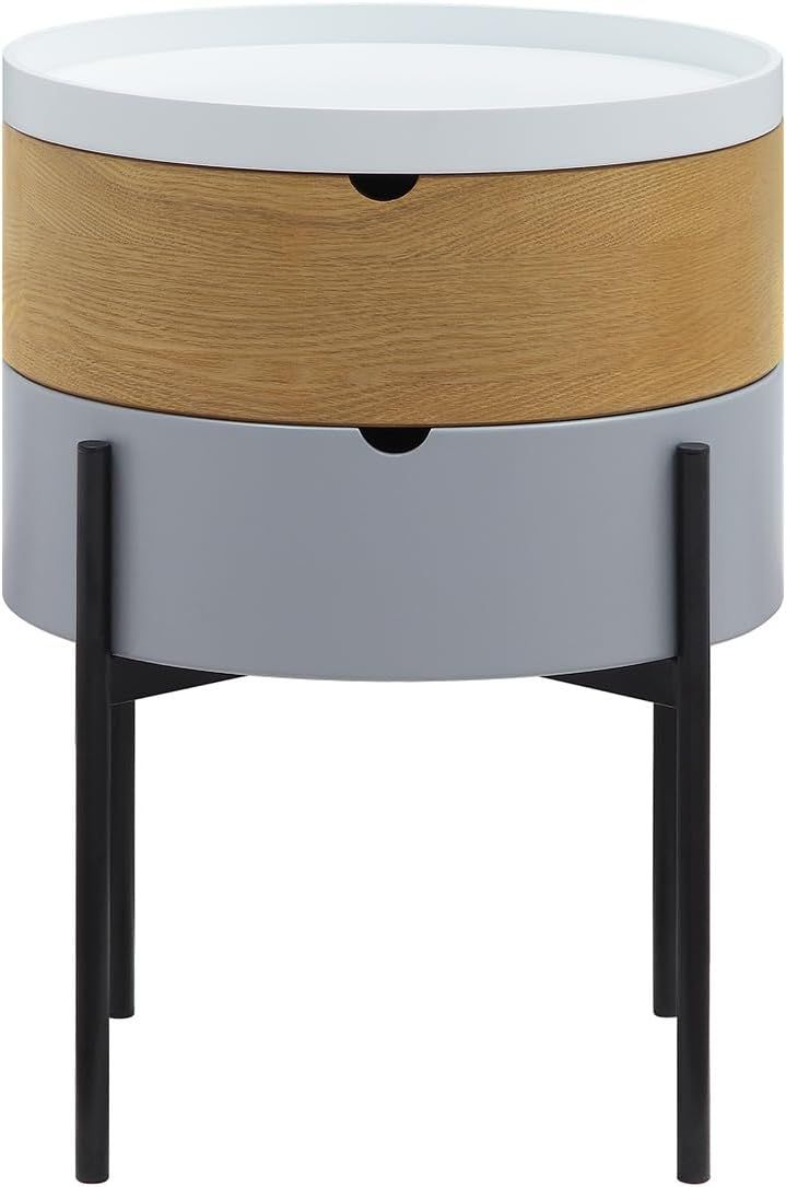 Round White and Wood End Table with Black Metal Legs