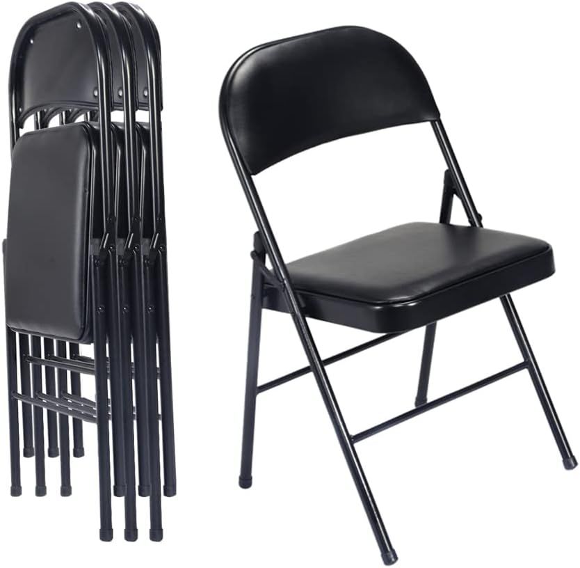 Black Steel Folding Dining Chairs with Padded Seats, Set of 4