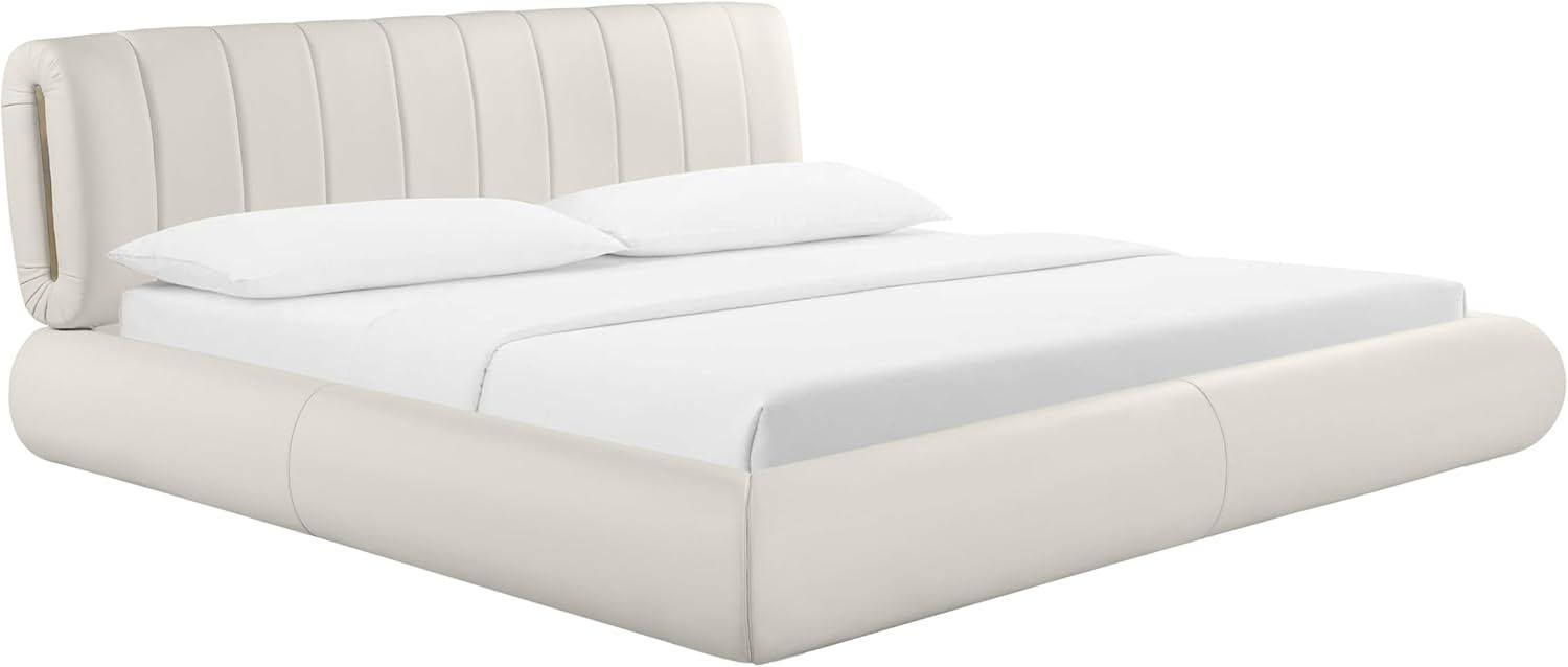 Karol Cream Faux Leather King Platform Bed with Upholstered Headboard