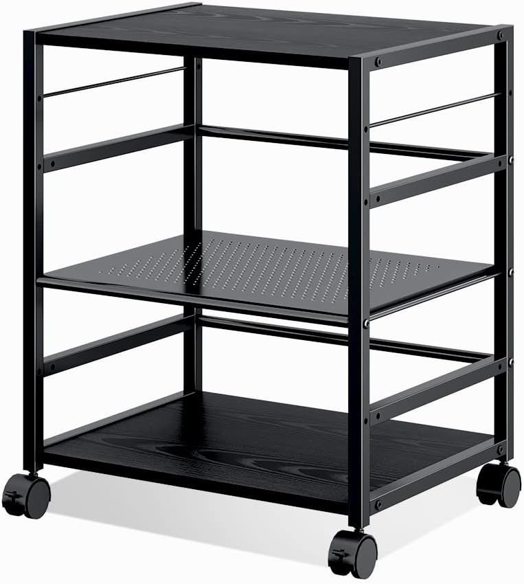 Black Adjustable 3-Shelf Mobile Printer Stand with Wheels