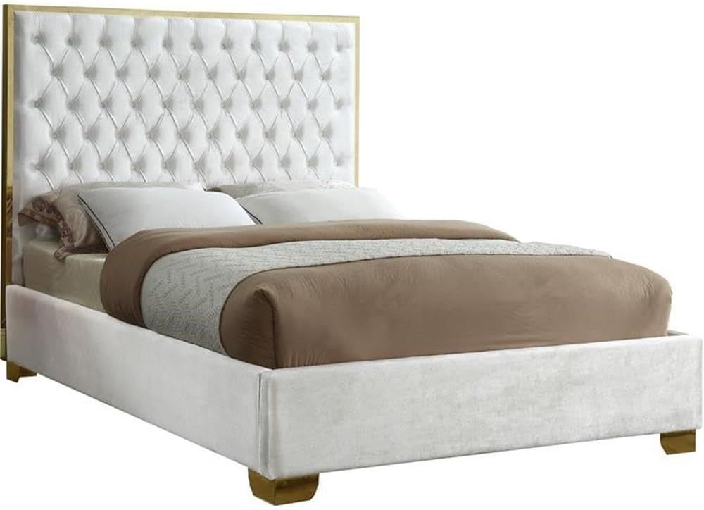 Luxurious White Velvet King Bed with Gold Metal Frame and Tufted Headboard