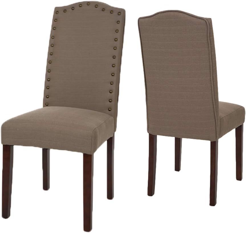 Tan Linen Upholstered Parsons Dining Chairs with Wood Legs, Set of 2