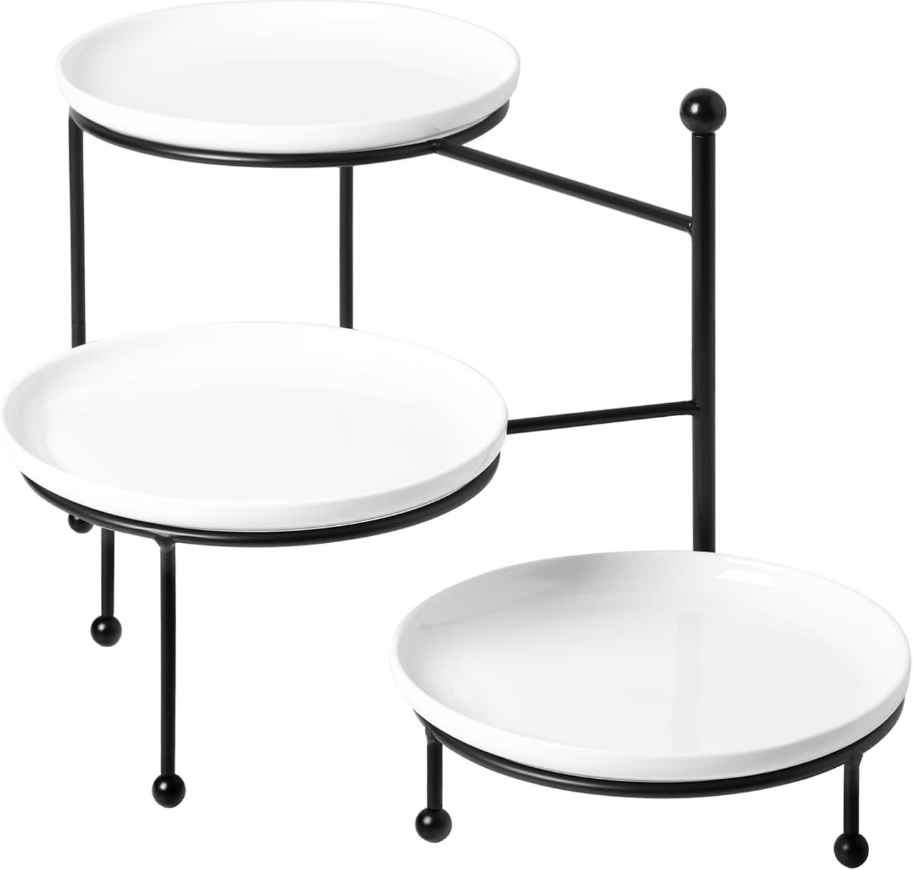 White Ceramic 3-Tier Round Serving Stand with Black Metal Frame