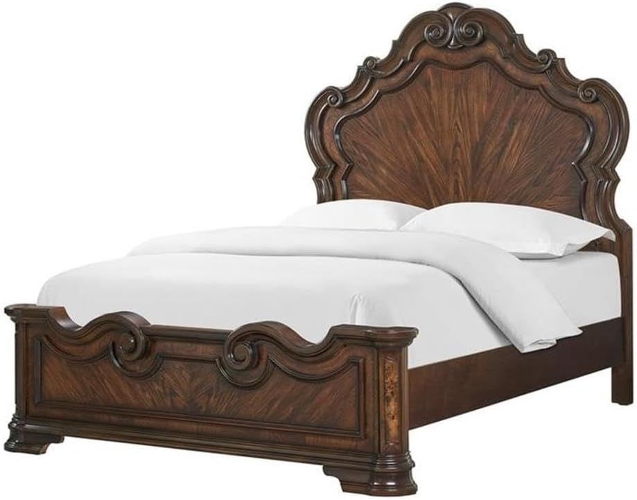 Royale Brown Cherry Queen Panel Bed with Intricate Carvings