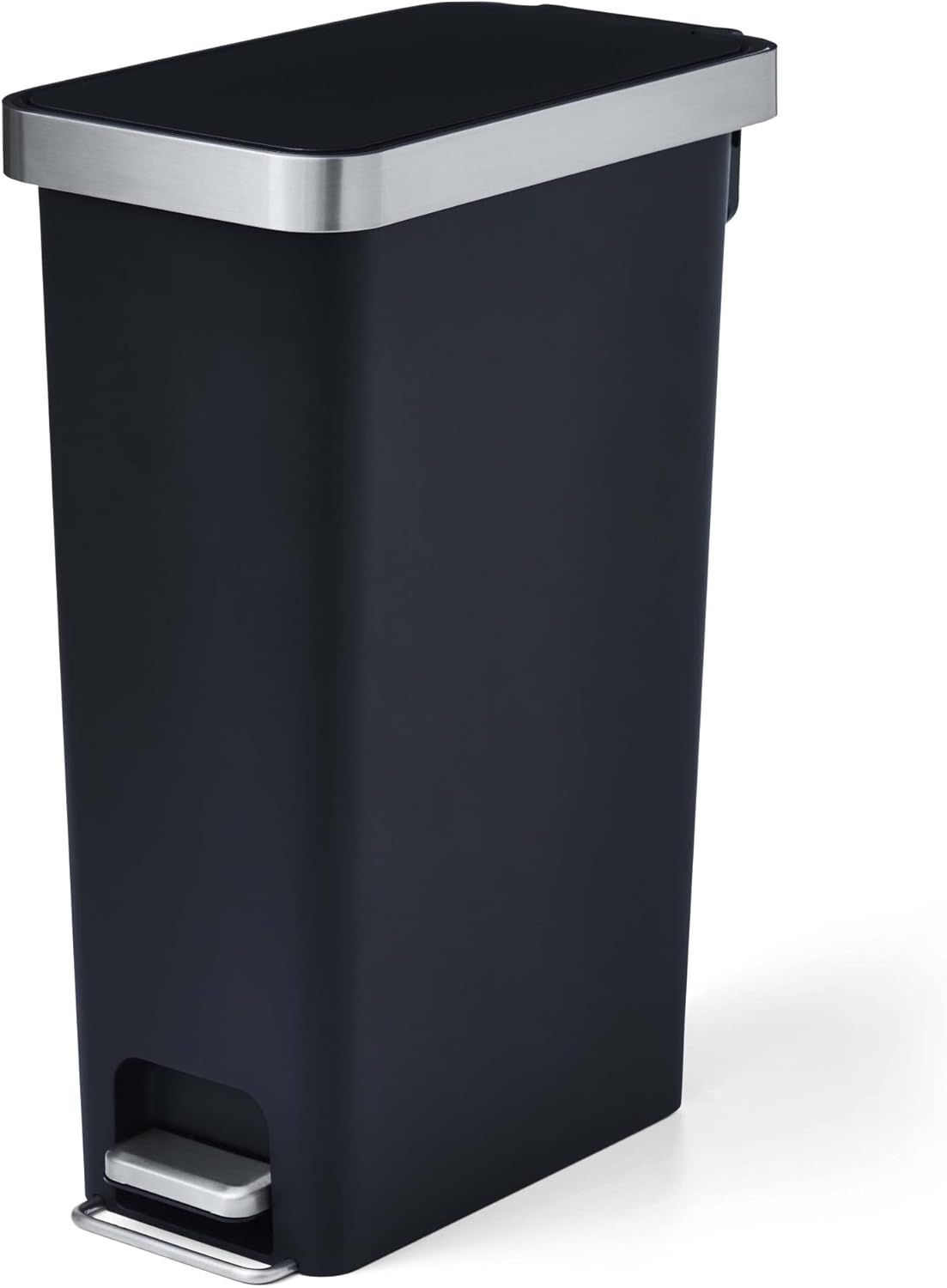 10.5 Gallon Black Plastic Slim Step-On Trash Can with Stainless Steel Accents