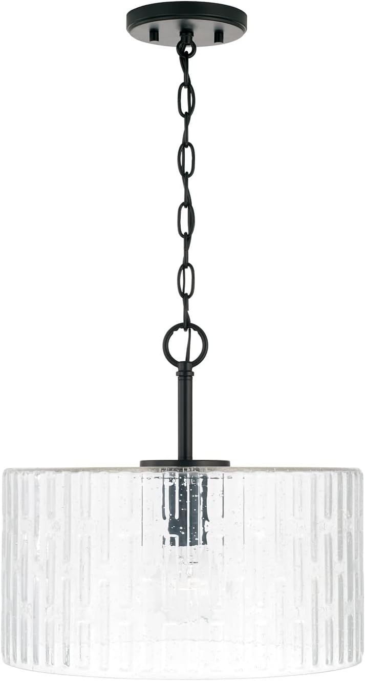 Matte Black and Seeded Glass Drum Pendant Light