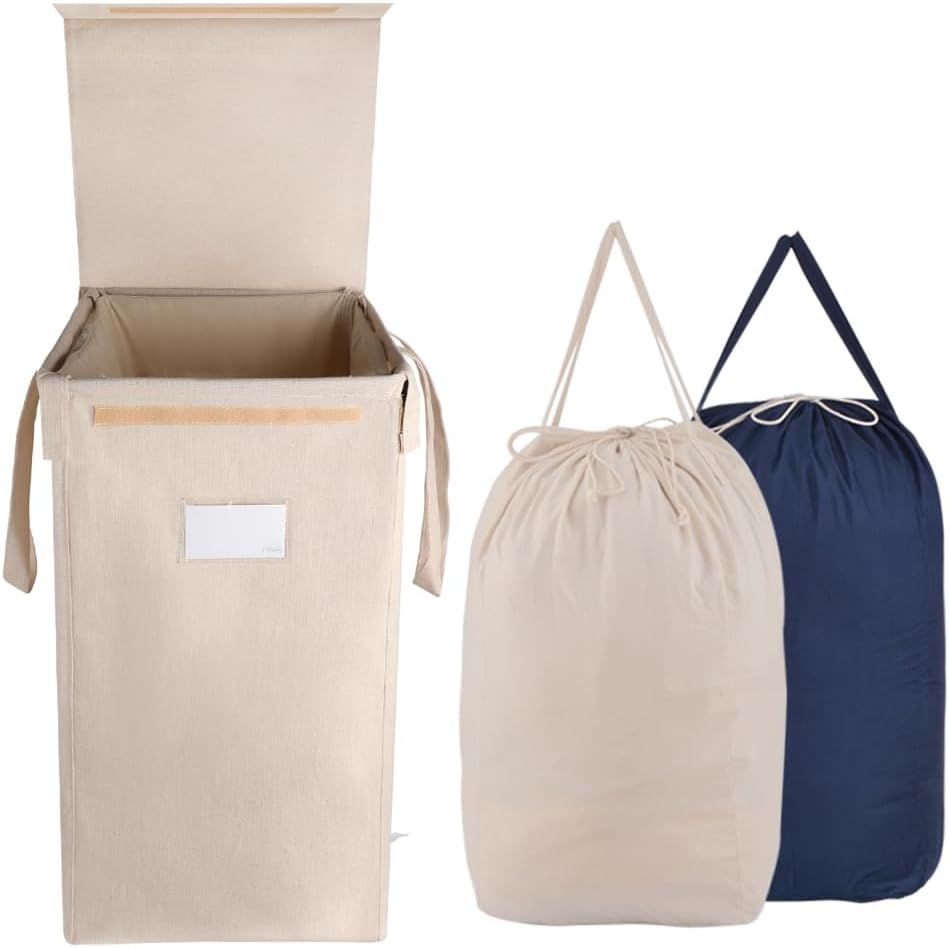 Beige Collapsible Cotton and Linen Hamper with Lid and Liners