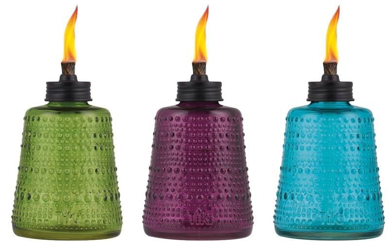 Colorful Glass Tabletop Torches in Blue, Green, and Purple