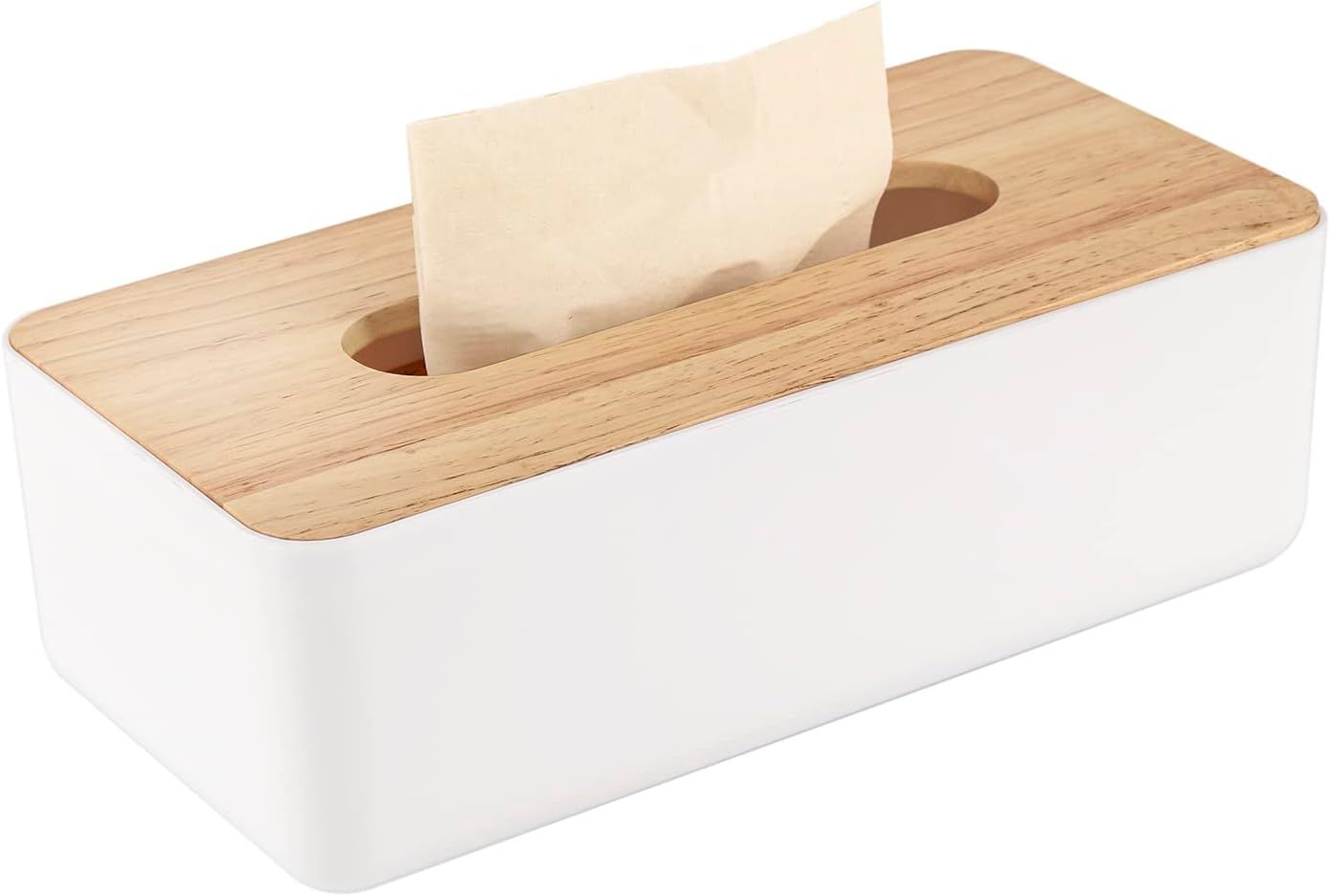 Large White and Wood Rectangular Tissue Box Holder