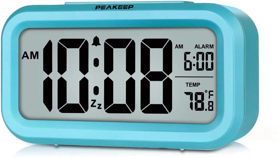 Blue Digital Alarm Clock with Indoor Temperature Display