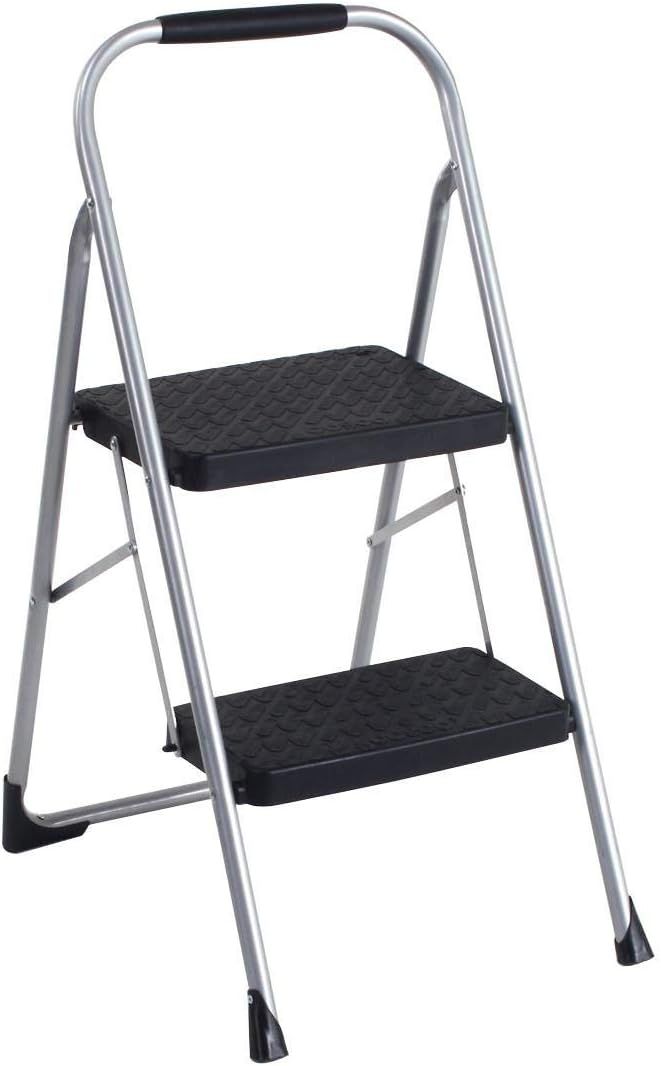 Gray Steel 2-Step Folding Step Stool with Black Resin Steps