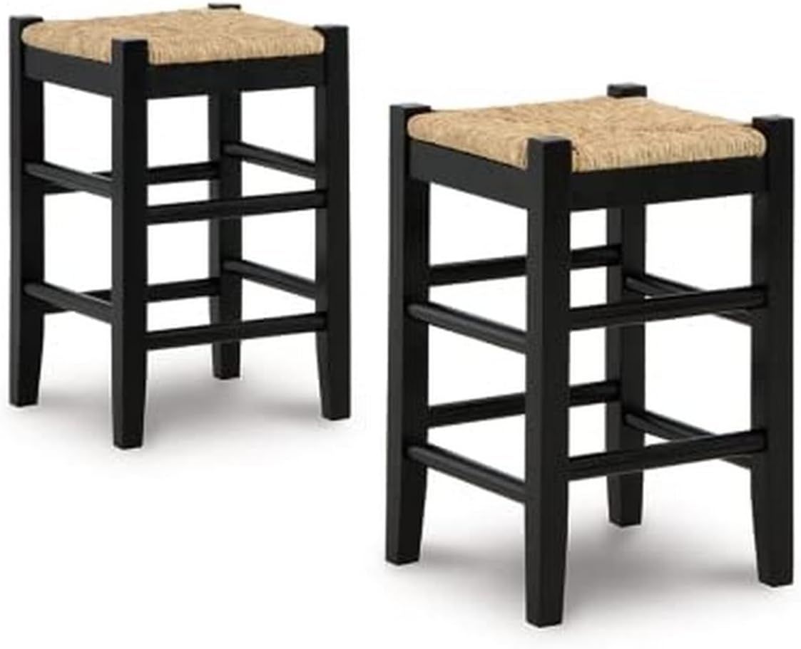 Vintage White Wood Counter Height Bar Stools with Woven Seats, Set of 2