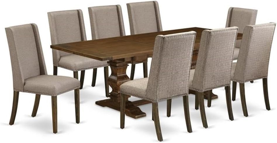 Antique Walnut 9-Piece Dining Set with Khaki Linen Chairs