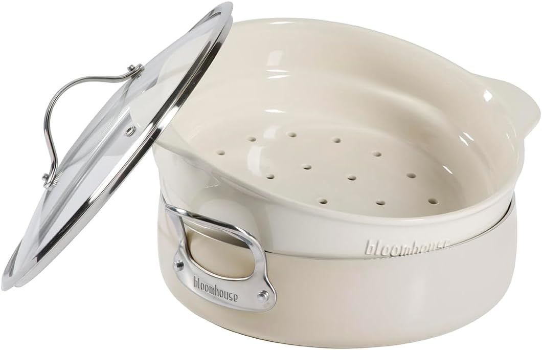 Oat White 6-QT Aluminum Enamel Everyday Pan with Ceramic Steamer