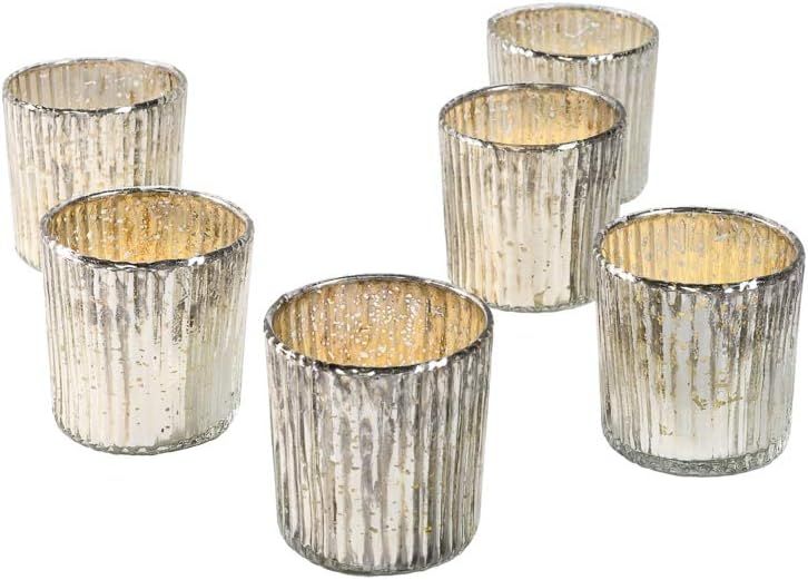 Set of 6 Small Silver Ribbed Glass Votive Candle Holders