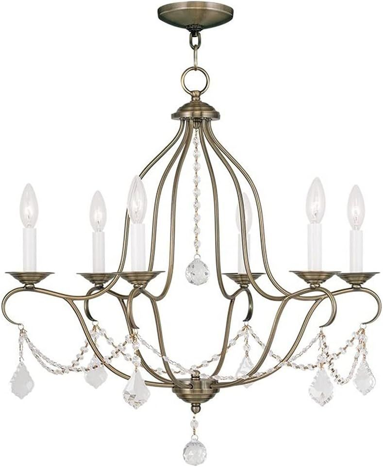 Antique Brass and Crystal 6-Light Candelabra Chandelier