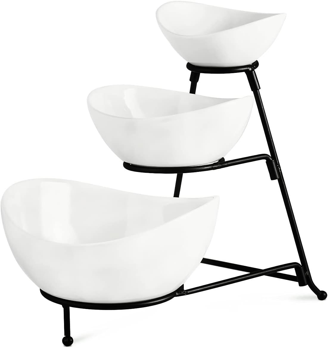 3-Tier Black Metal Rack with Oval White Ceramic Bowls