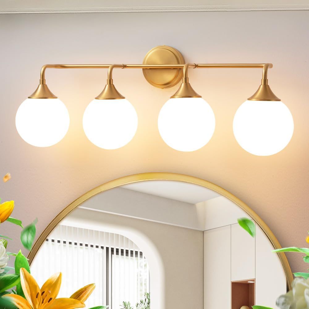 Brushed Gold 4-Light Vanity Fixture with White Glass Shades