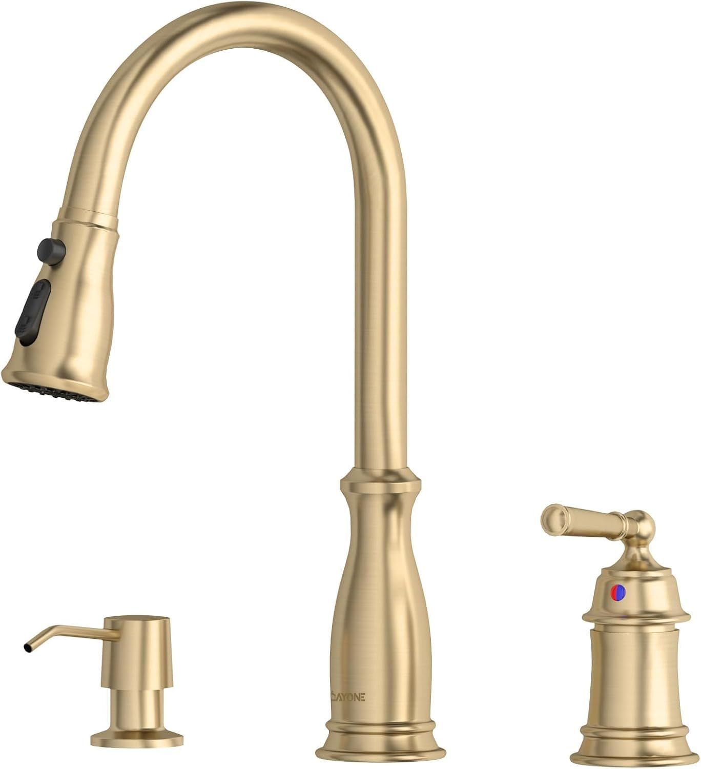 Brushed Gold Stainless Steel Pull Down Kitchen Faucet with Soap Dispenser