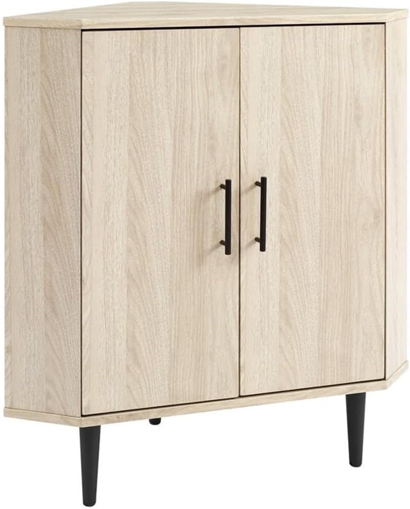 Contemporary Birch and Walnut Corner Accent Cabinet with Adjustable Shelving