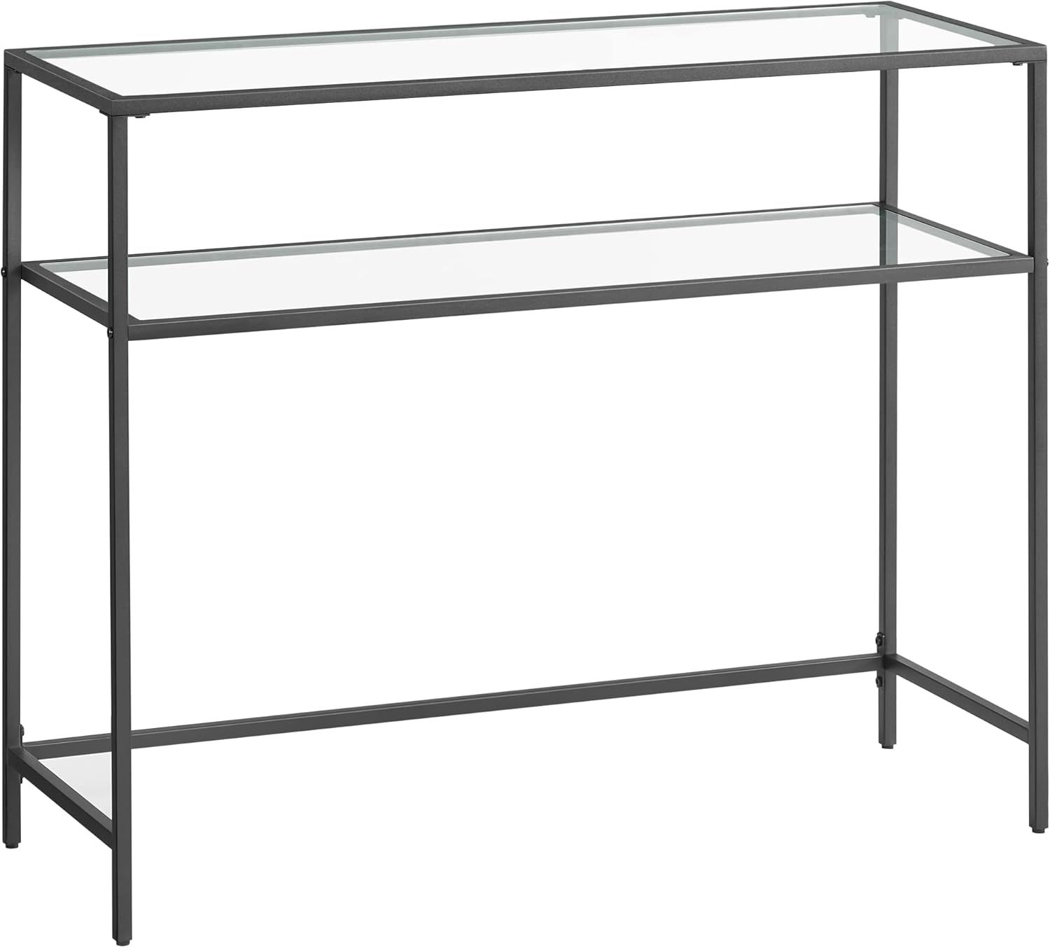 Black Metal and Glass Console Table with Storage Shelves