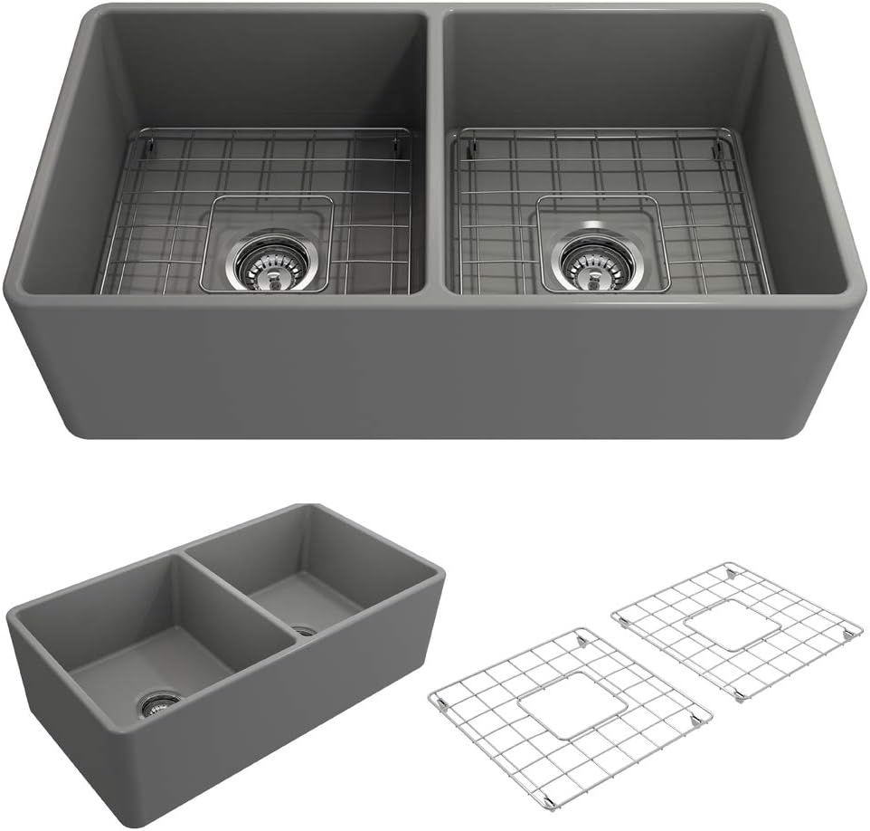 Matte Gray Fireclay Double Bowl Farmhouse Kitchen Sink