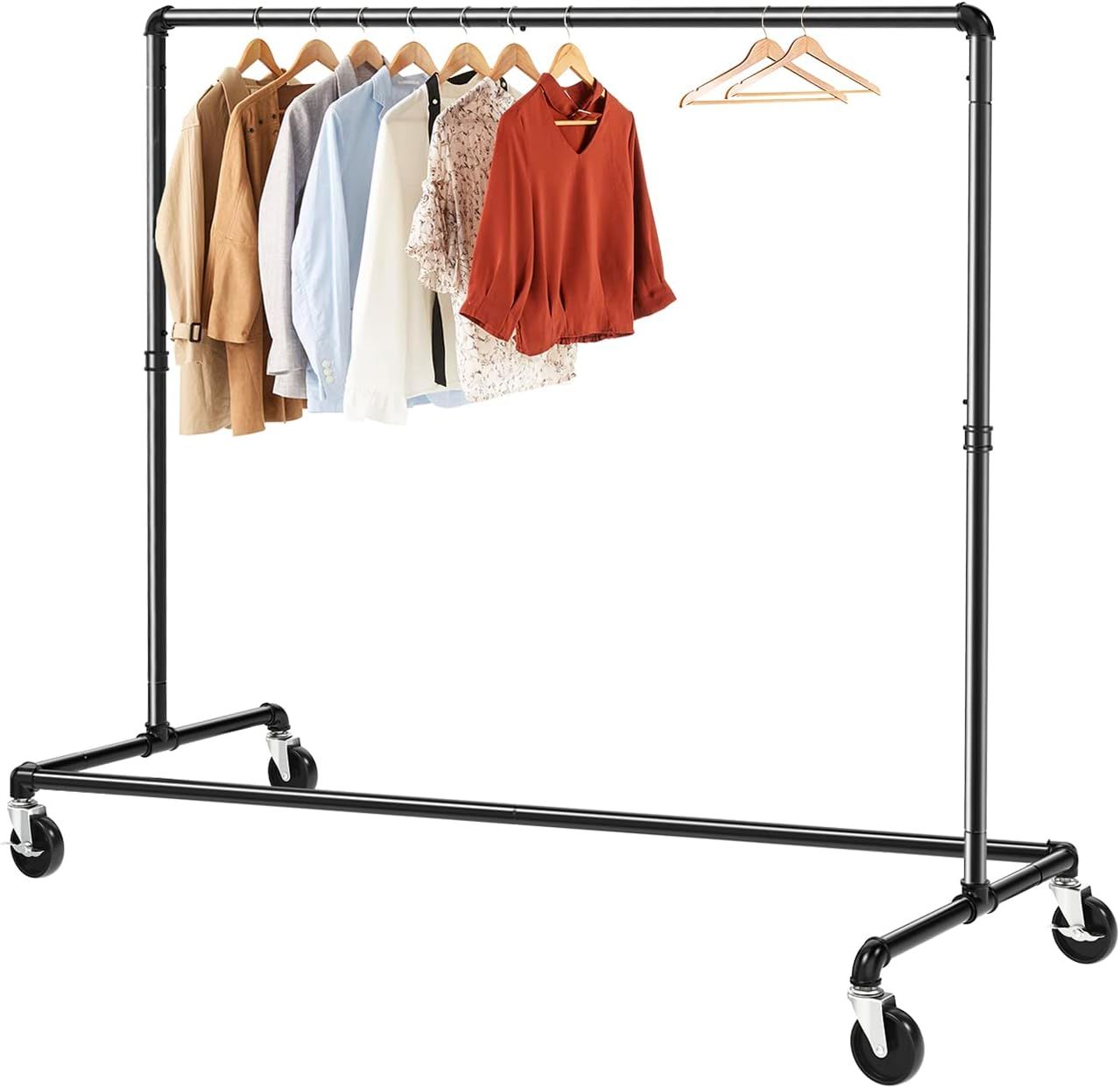 Black Iron Industrial Rolling Garment Rack with Lockable Wheels